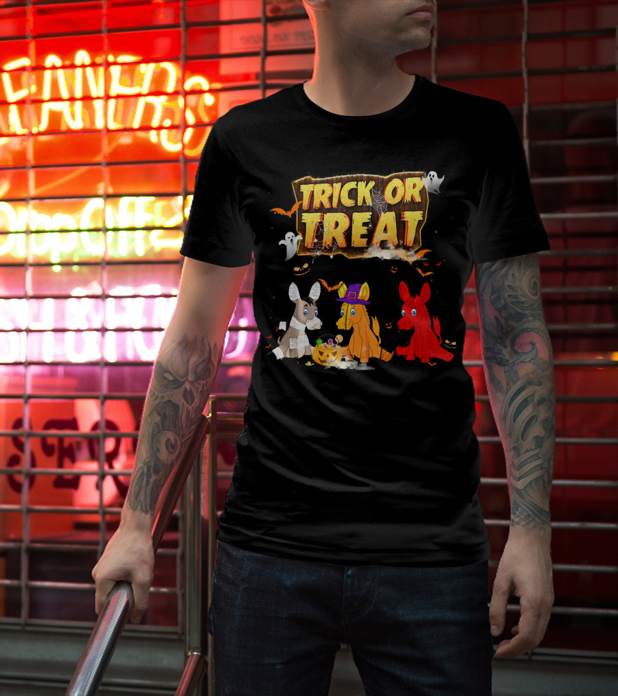 Trick Or Treat Three Donkeys Halloween Candy Pumpkins Ghosts T-Shirt