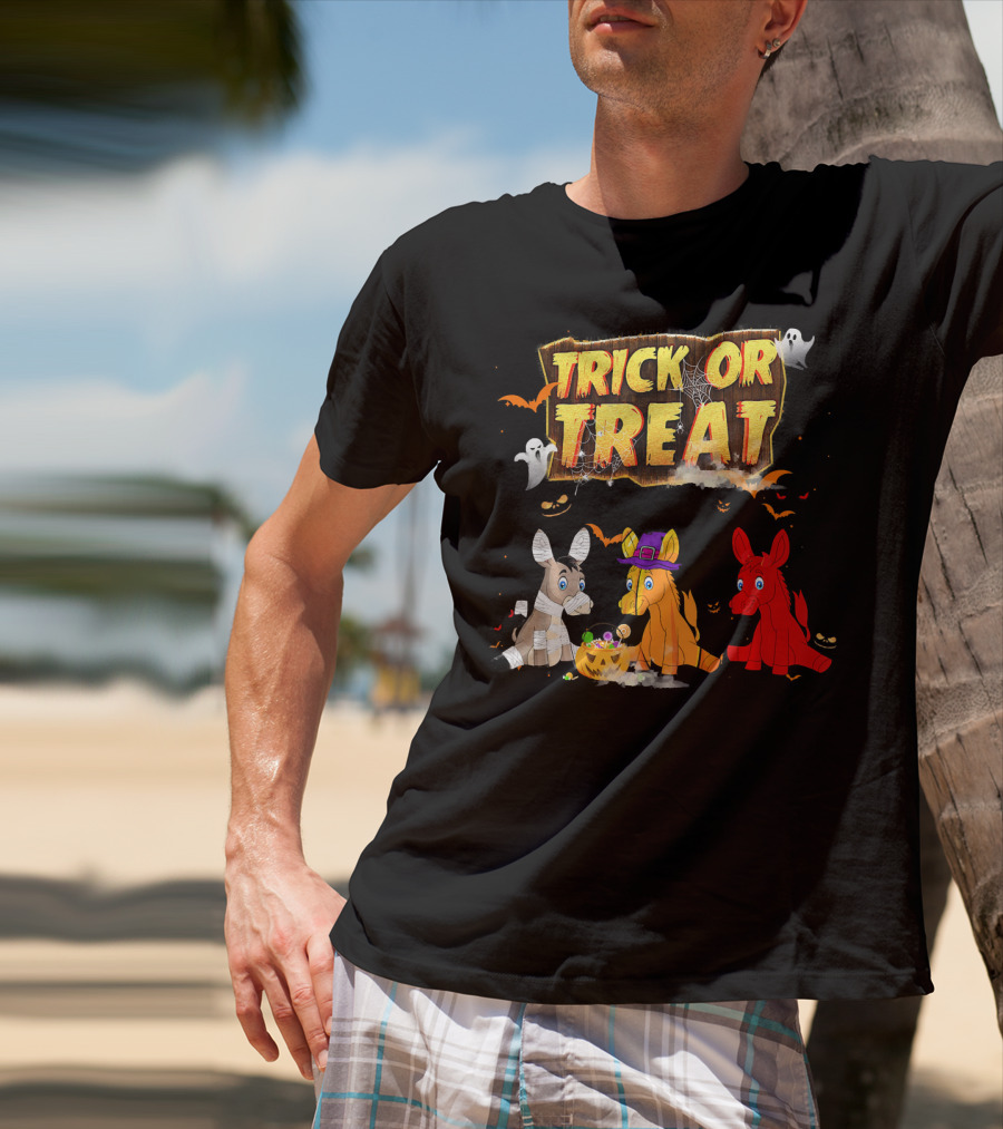 Trick Or Treat Three Donkeys Halloween Candy Pumpkins Ghosts T-Shirt
