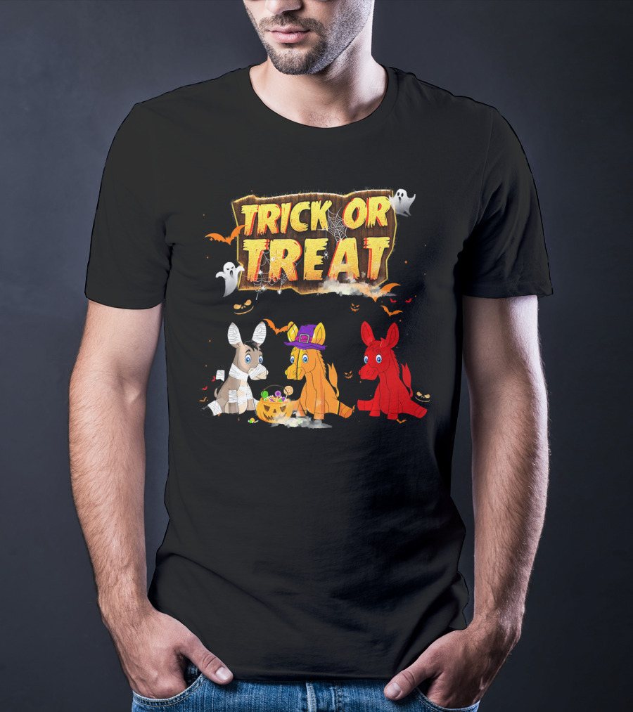 Trick Or Treat Three Donkeys Halloween Candy Pumpkins Ghosts T-Shirt