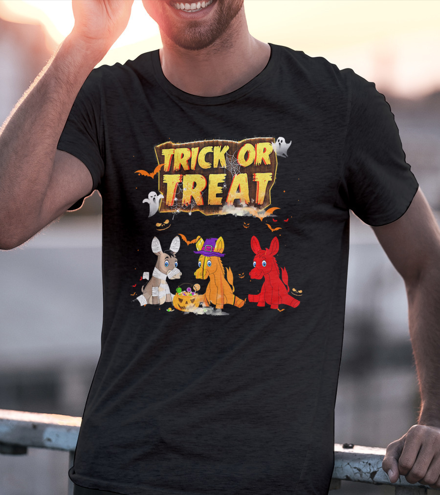 Trick Or Treat Three Donkeys Halloween Candy Pumpkins Ghosts T-Shirt