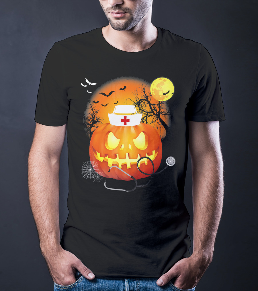 Nurse Halloween Pumpkin With Stethoscope And Bats T-Shirt
