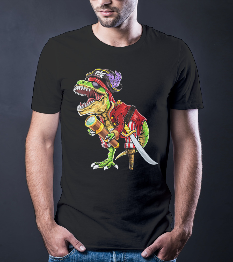 Pirate Dinosaur With Telescope And Peg Leg In Halloween Costume T-Shirt