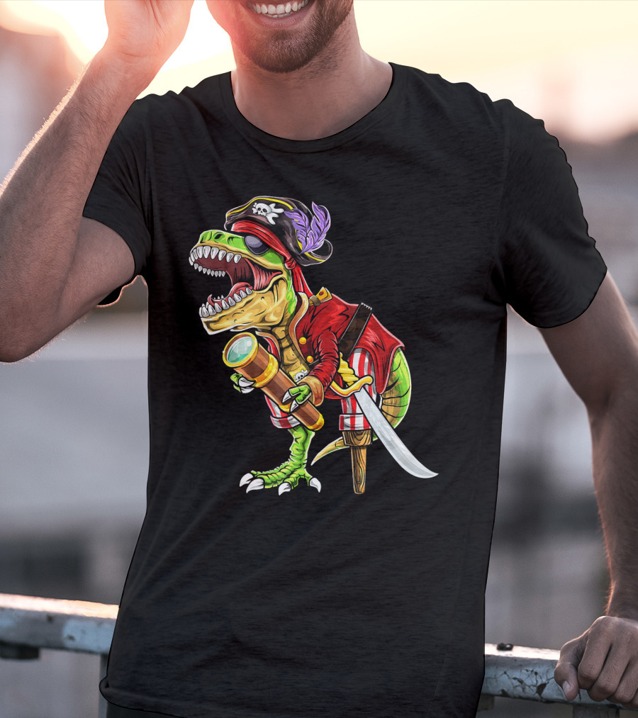 Pirate Dinosaur With Telescope And Peg Leg In Halloween Costume T-Shirt