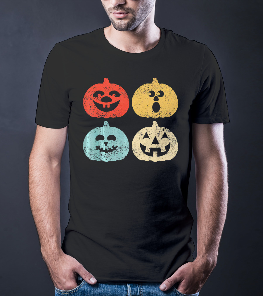 Vintage Halloween Pumpkin Women Retro Colorful Jack-O'-Lantern Faces T-Shirt