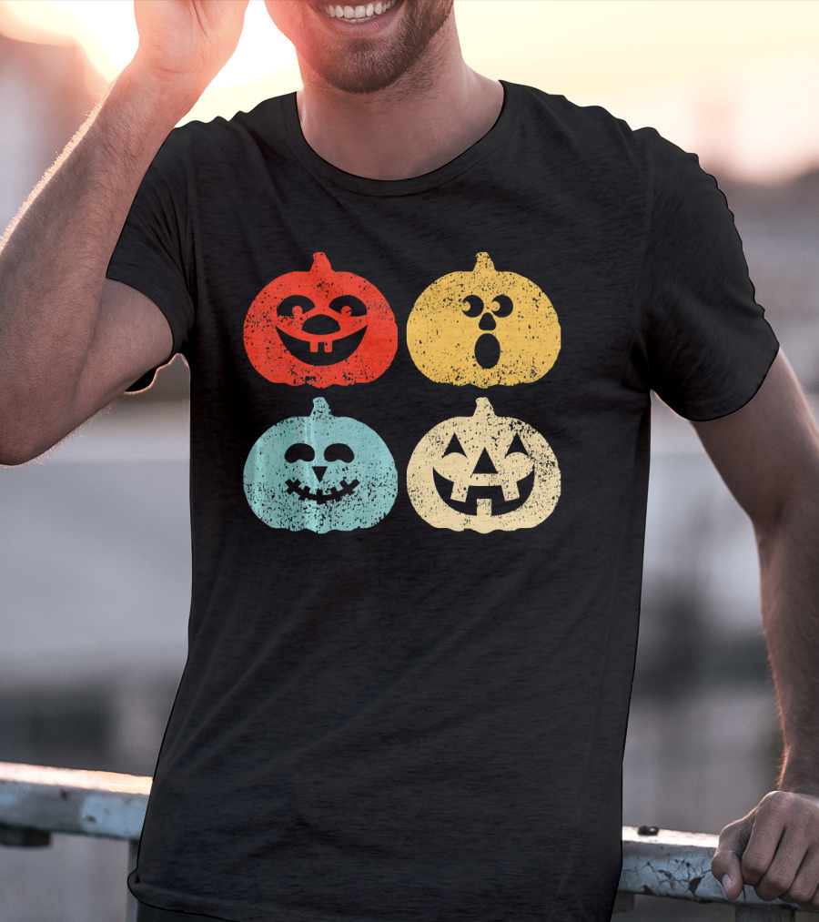 Vintage Halloween Pumpkin Women Retro Colorful Jack-O'-Lantern Faces T-Shirt