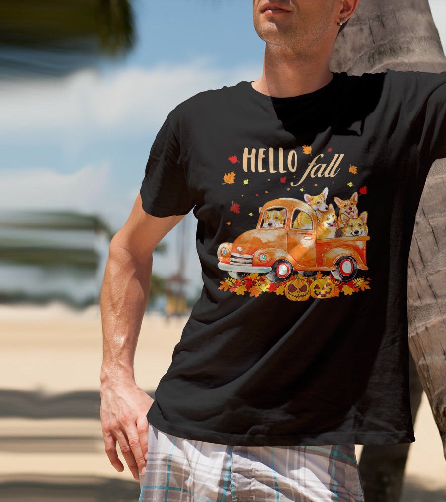 Hello Fall Corgis In Pumpkin Truck With Autumn Leaves And Jack-O'-Lanterns T-Shirt