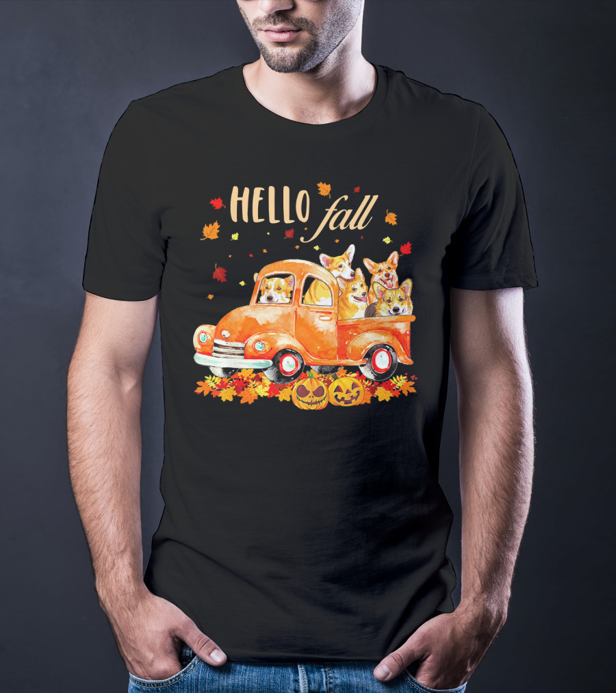 Hello Fall Corgis In Pumpkin Truck With Autumn Leaves And Jack-O'-Lanterns T-Shirt