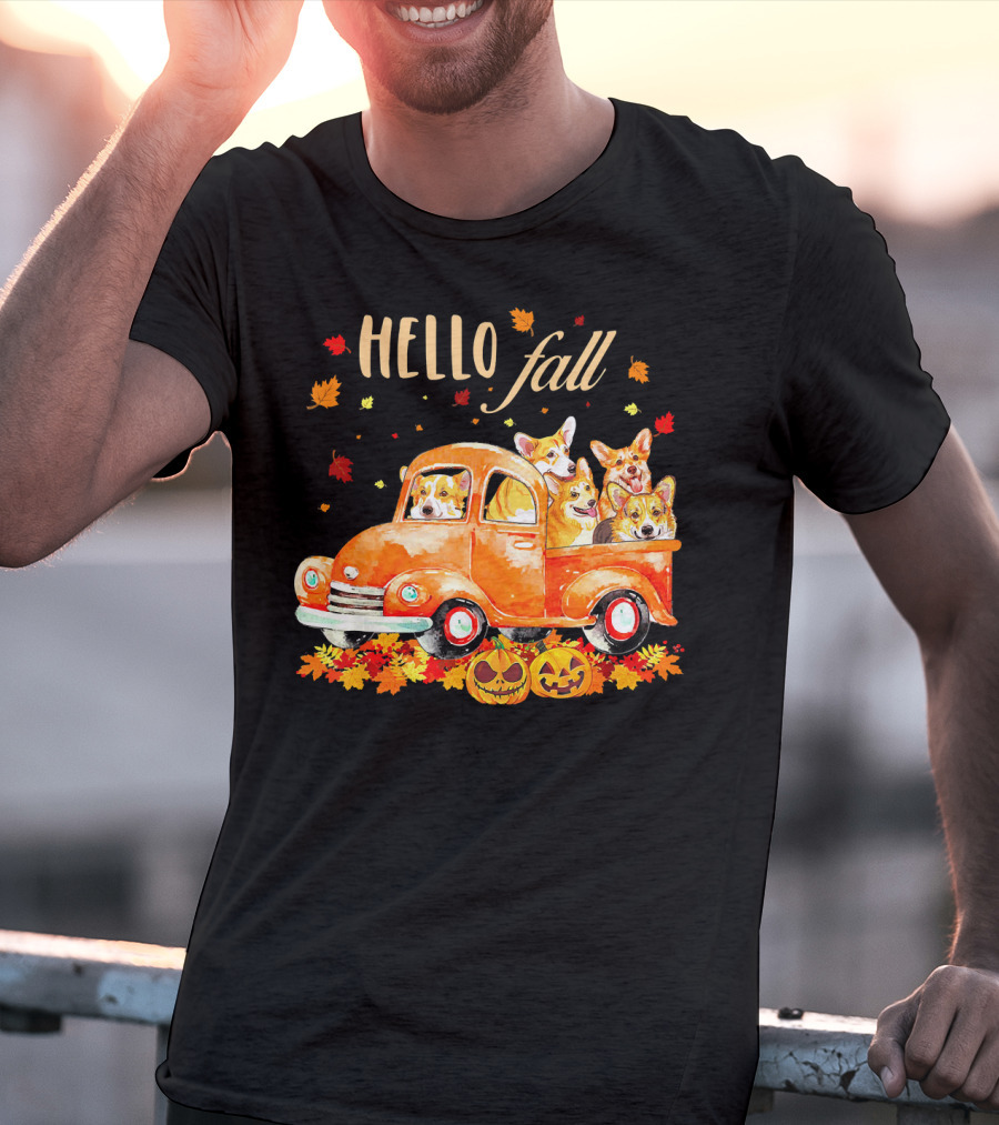 Hello Fall Corgis In Pumpkin Truck With Autumn Leaves And Jack-O'-Lanterns T-Shirt