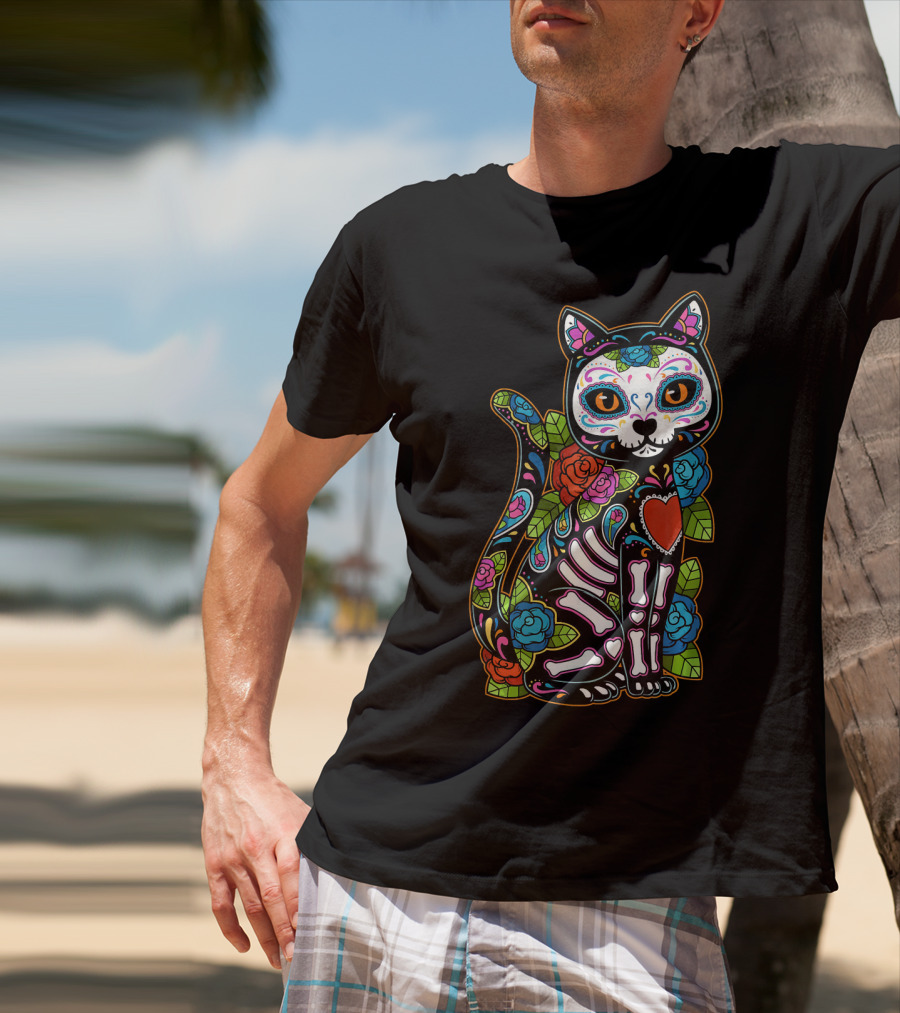Cat Sugar Skull Calavera Mexico Dia De T-Shirt