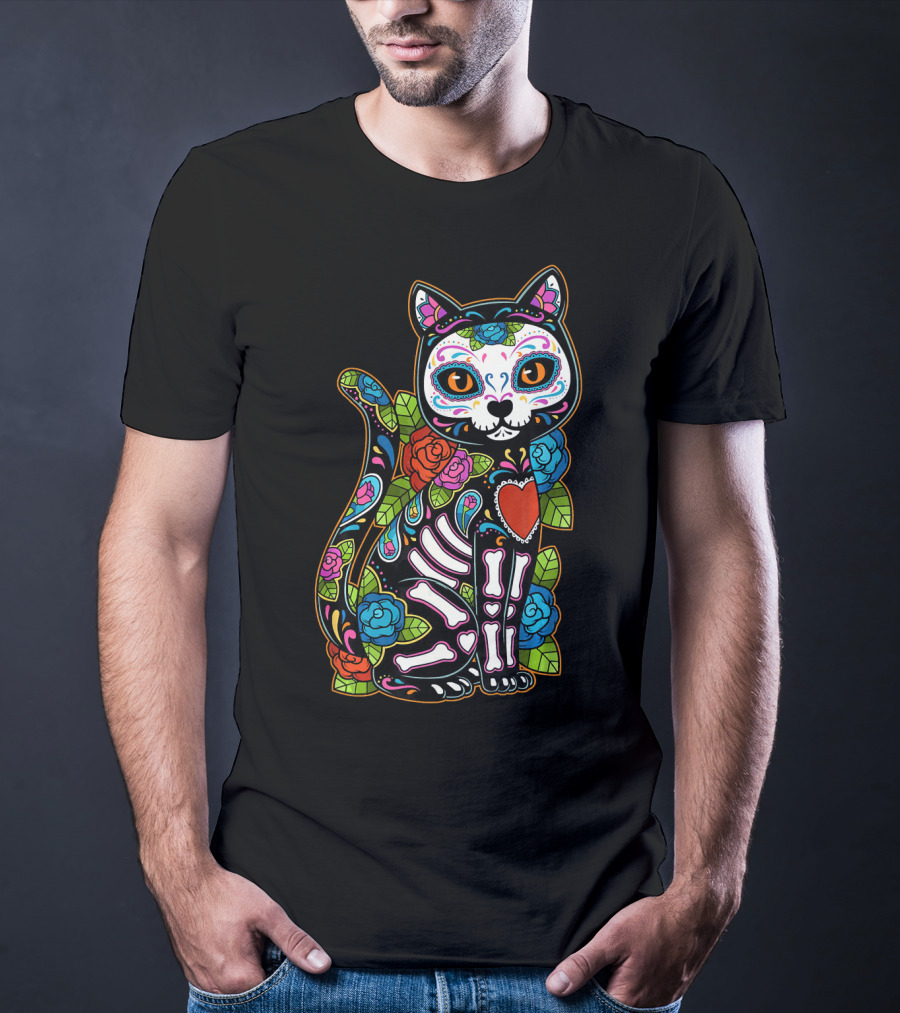Cat Sugar Skull Calavera Mexico Dia De T-Shirt