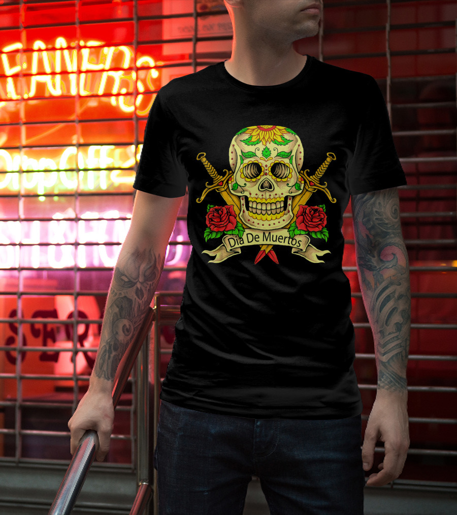 Dia De Muertos Skull With Roses And Swords Celebrating Day Of The Dead T-Shirt