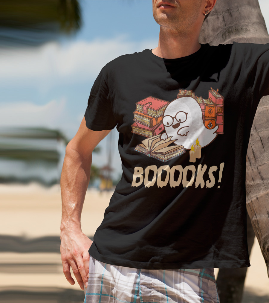 BOOOOKS Cute Reading Boo Ghost With Stacks Of Books And Candles T-Shirt