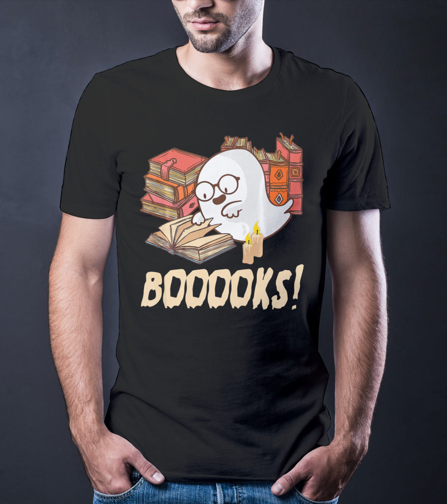BOOOOKS Cute Reading Boo Ghost With Stacks Of Books And Candles T-Shirt