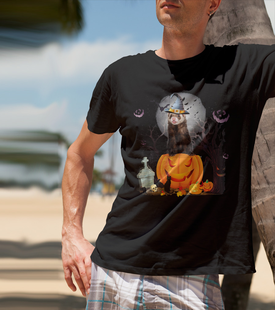 Funny Halloween Ferret With Pumpkin And Witch Hat T-Shirt