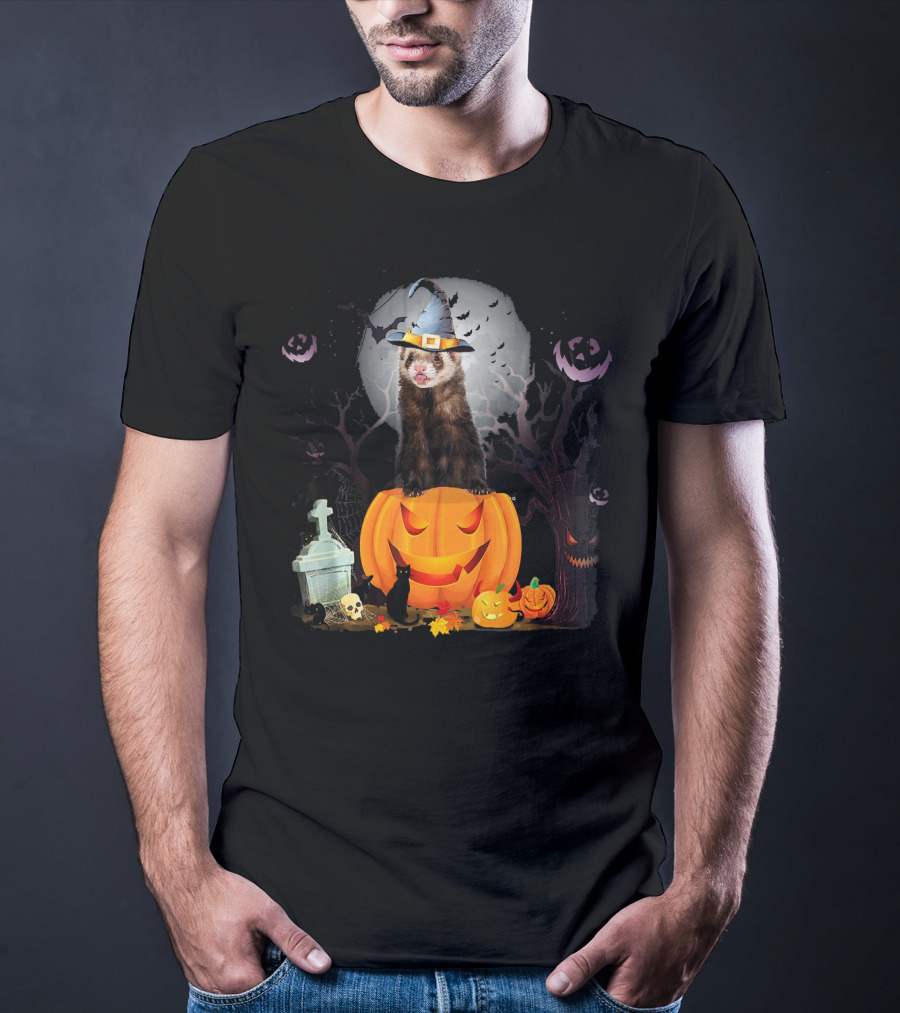 Funny Halloween Ferret With Pumpkin And Witch Hat T-Shirt