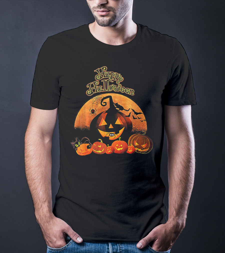 Happy Halloween Pumpkin Black Cat Witch Spider Bats T-Shirt