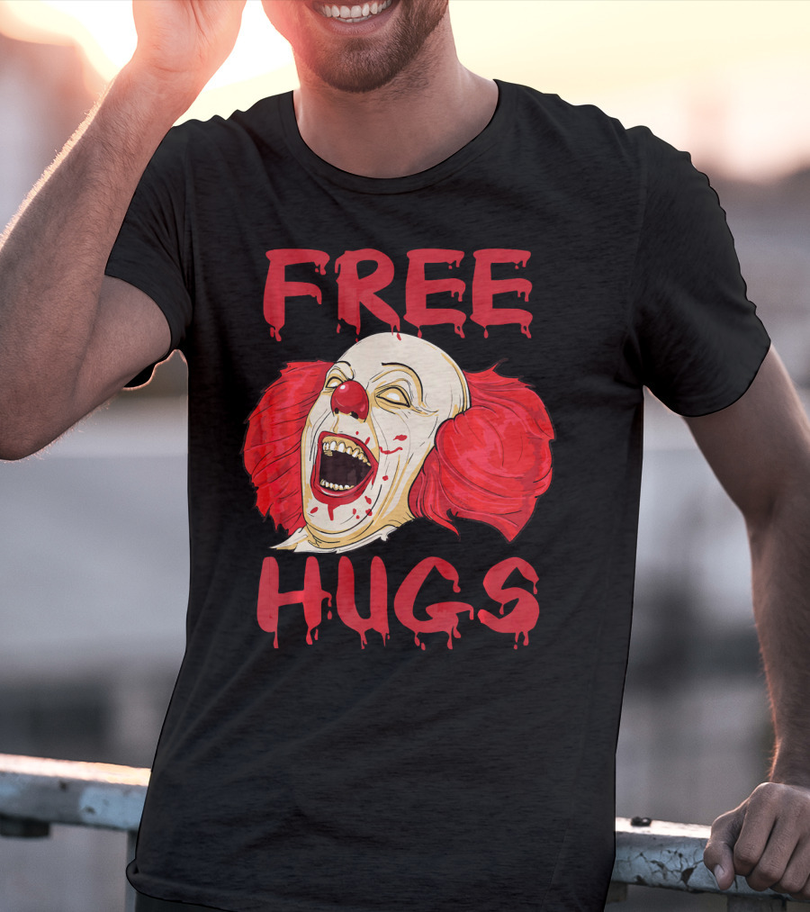 Free Hugs Evil Killer Scary Clown Costume Blood Red Horror T-Shirt