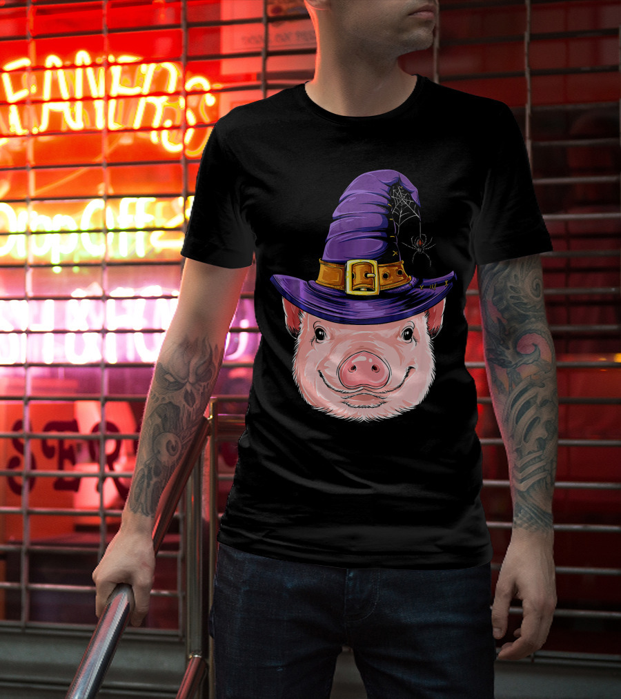 Pig In Witch Hat With Spider And Web Halloween T-Shirt