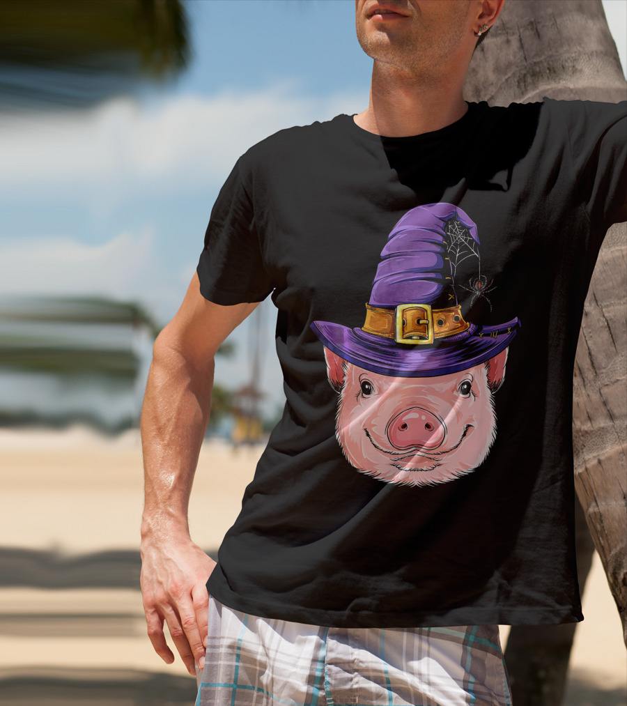 Pig In Witch Hat With Spider And Web Halloween T-Shirt