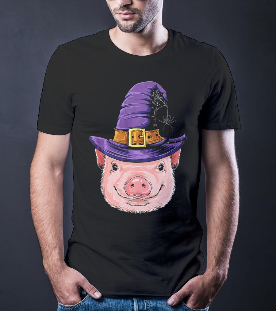 Pig In Witch Hat With Spider And Web Halloween T-Shirt