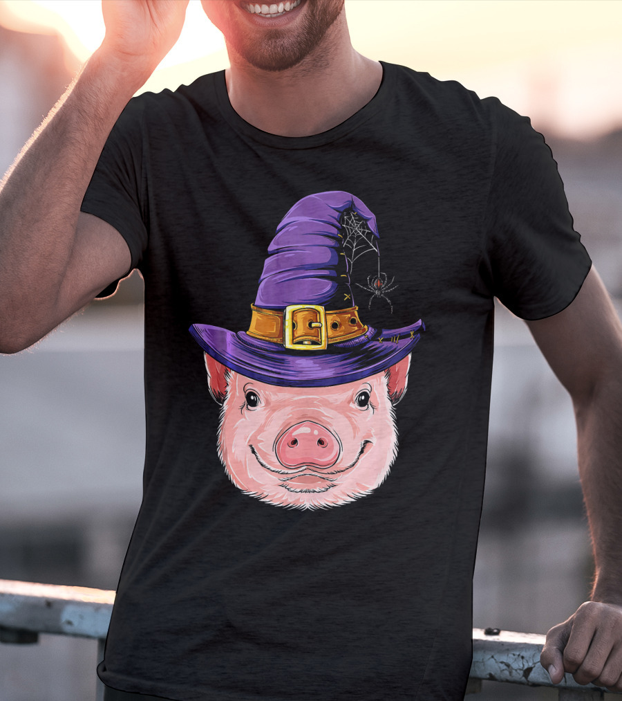 Pig In Witch Hat With Spider And Web Halloween T-Shirt