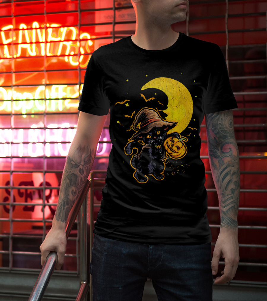 Halloween Black Cat Witch With Pumpkin Under Moon And Bats T-Shirt