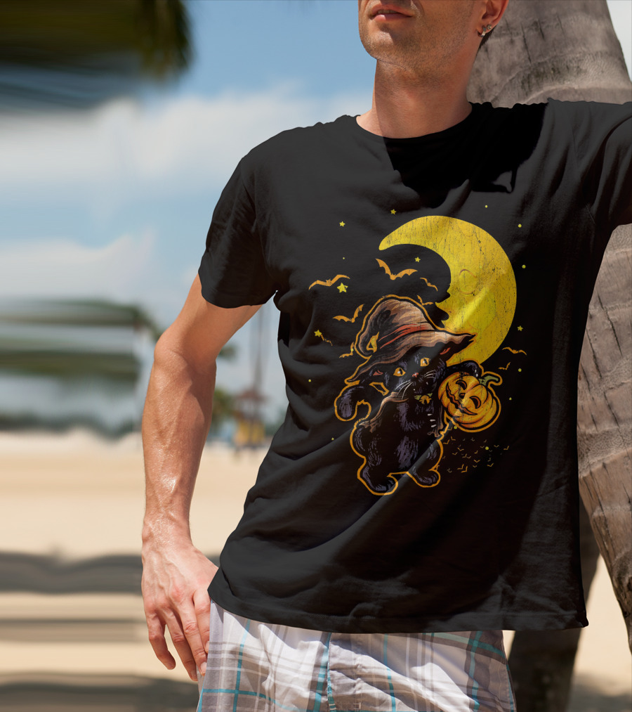 Halloween Black Cat Witch With Pumpkin Under Moon And Bats T-Shirt
