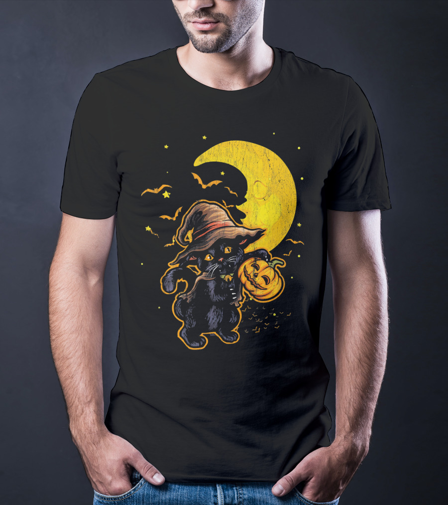 Halloween Black Cat Witch With Pumpkin Under Moon And Bats T-Shirt