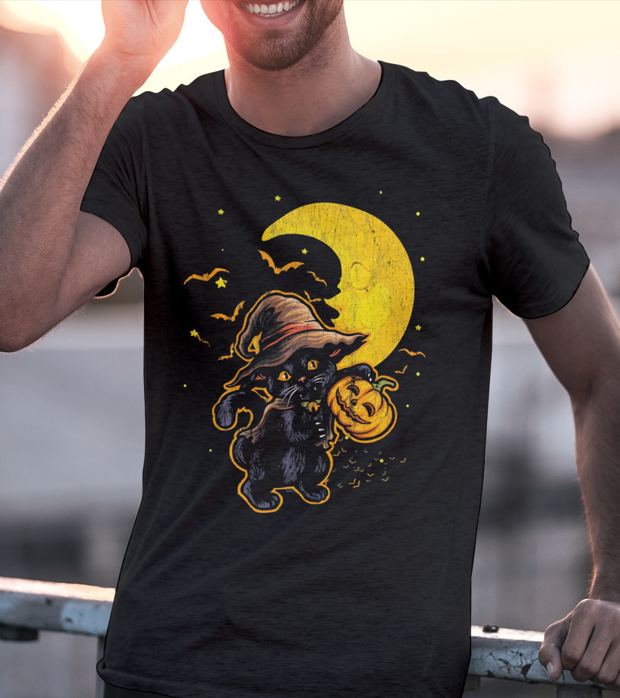 Halloween Black Cat Witch With Pumpkin Under Moon And Bats T-Shirt