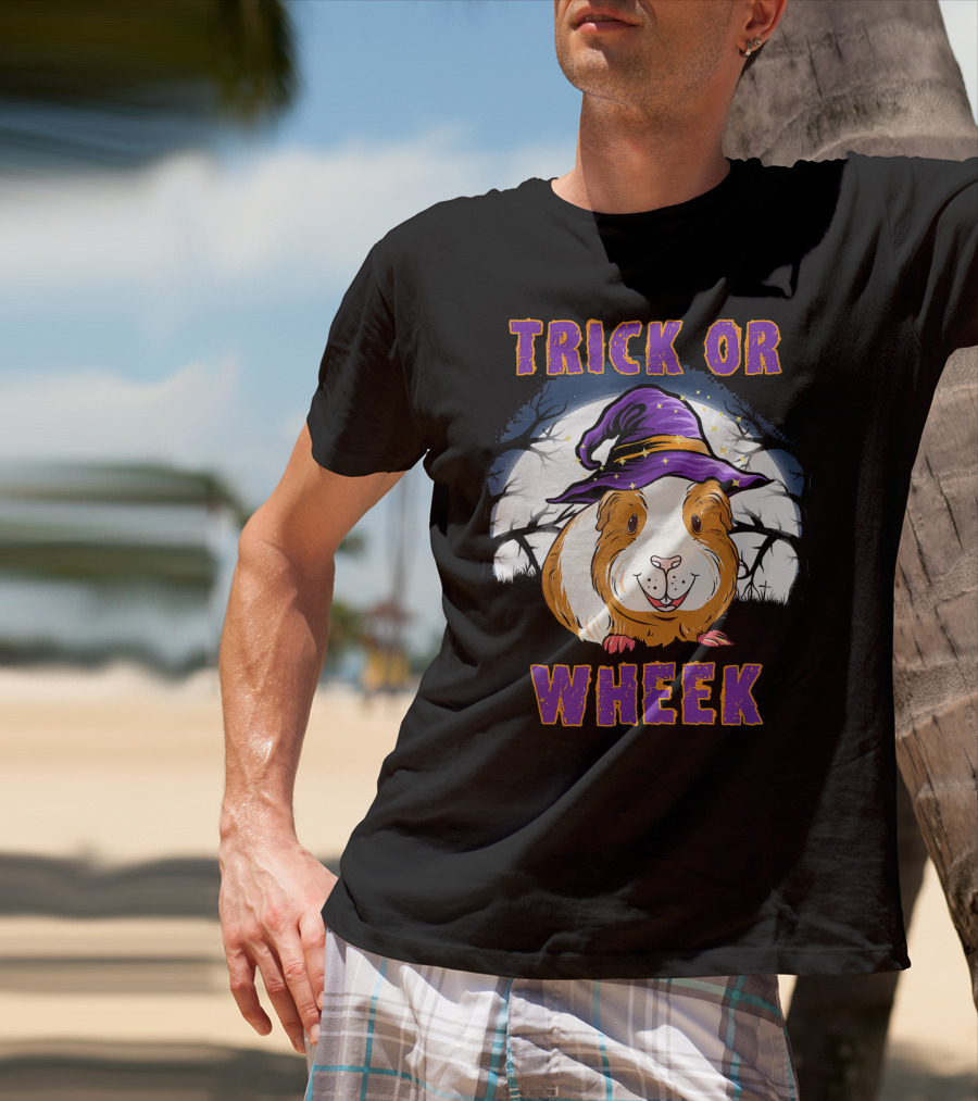 Trick Or Wheek Halloween Guinea Pig With Witch Hat And Moon Background T-Shirt