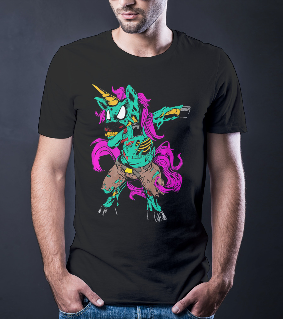 Scary Dabbing Zombie Unicorn With Pink Mane And Torn Clothing T-Shirt