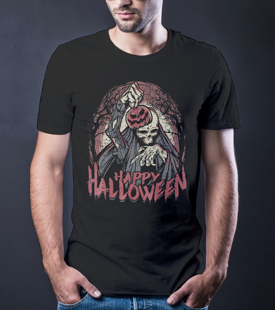 Halloween Scary Zombie Skeleton With Pumpkin Head T-Shirt