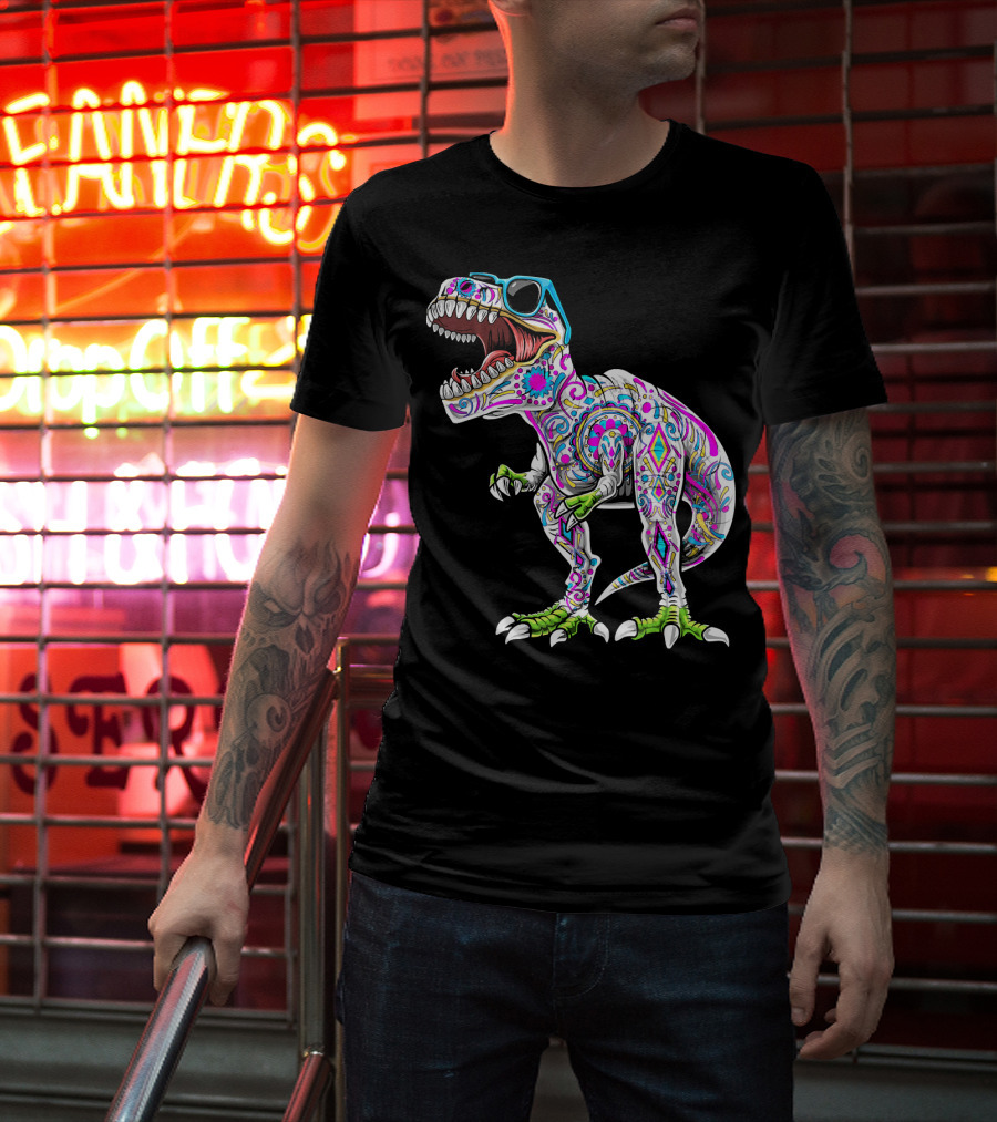 Day Of The Dead Dia De Los Muertos T-Rex Dinosaur With Sunglasses T-Shirt