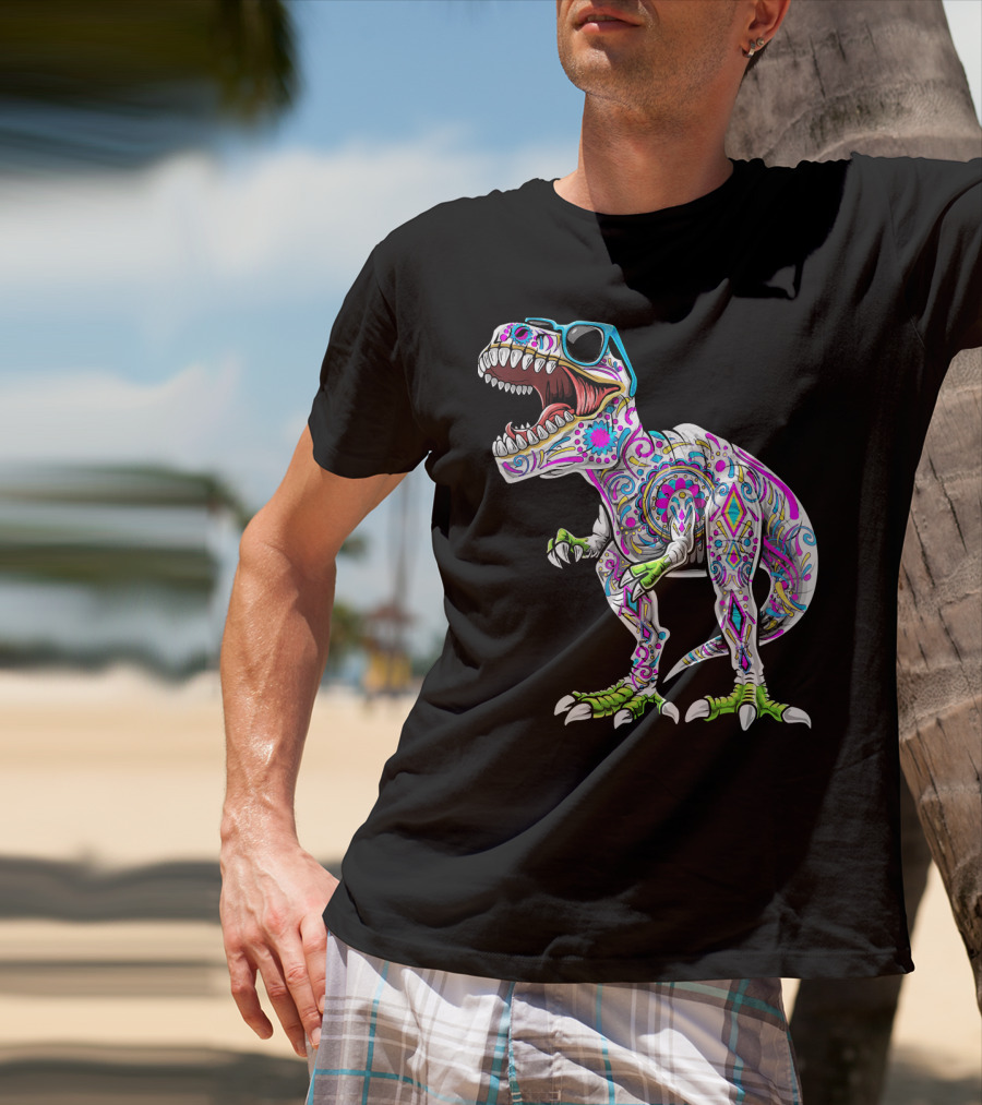 Day Of The Dead Dia De Los Muertos T-Rex Dinosaur With Sunglasses T-Shirt