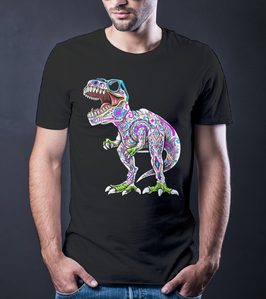 Day Of The Dead Dia De Los Muertos T-Rex Dinosaur With Sunglasses T-Shirt
