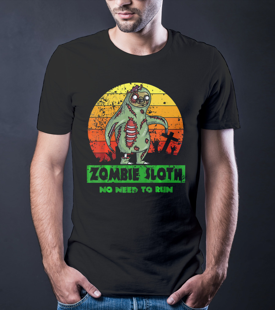 Zombie Sloth No Need To Run Sunset Cemetery Background T-Shirt