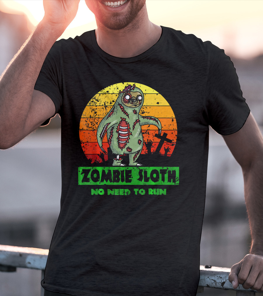 Zombie Sloth No Need To Run Sunset Cemetery Background T-Shirt