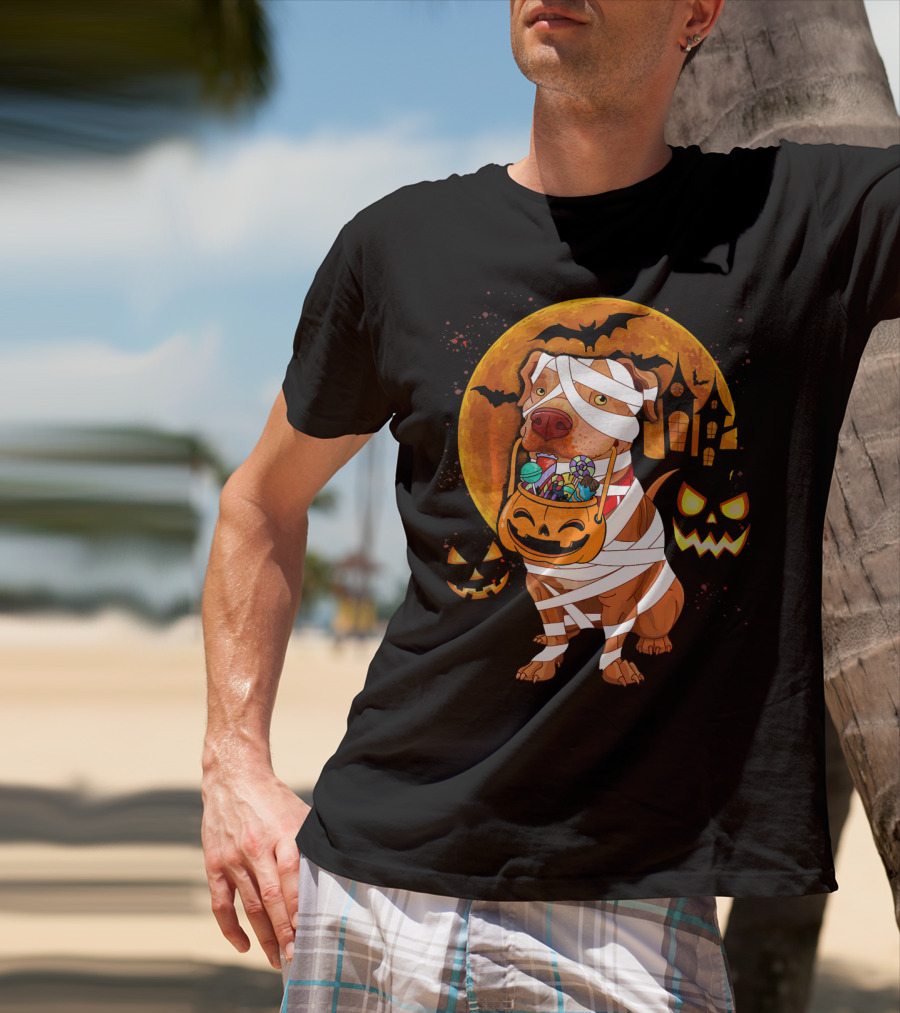 Funny Halloween Mummy Pitbull Boo Dog With Pumpkin Candy And Scary Moon T-Shirt