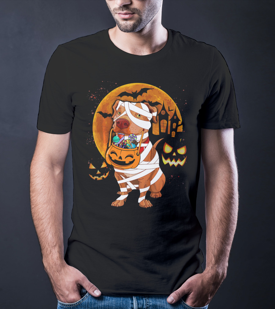 Funny Halloween Mummy Pitbull Boo Dog With Pumpkin Candy And Scary Moon T-Shirt