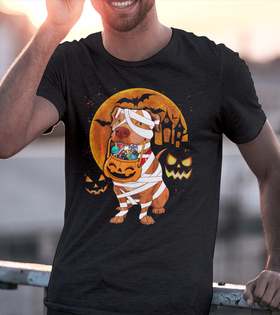 Funny Halloween Mummy Pitbull Boo Dog With Pumpkin Candy And Scary Moon T-Shirt