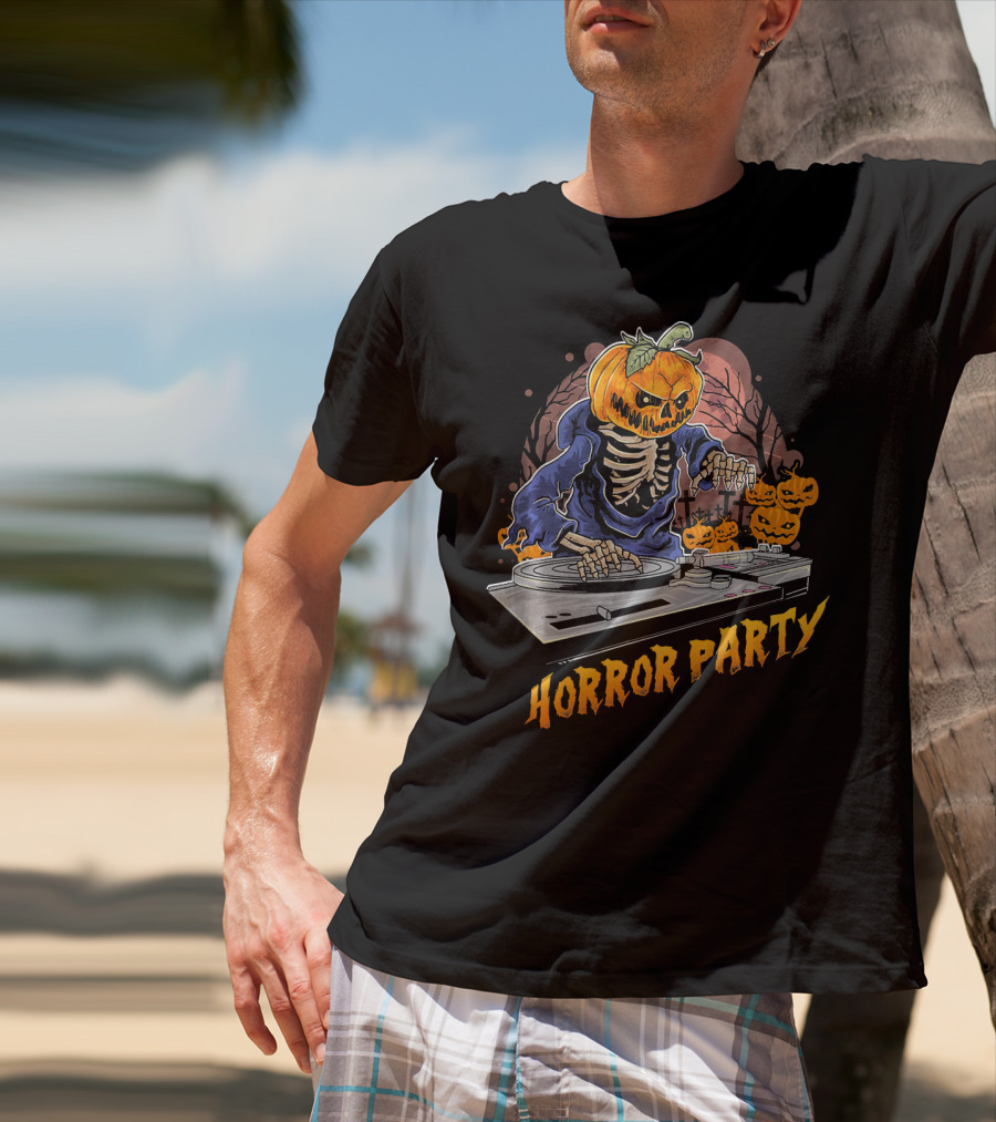 Horror Party Skeleton Pumpkin Head DJ Turntable Halloween Vibes T-Shirt