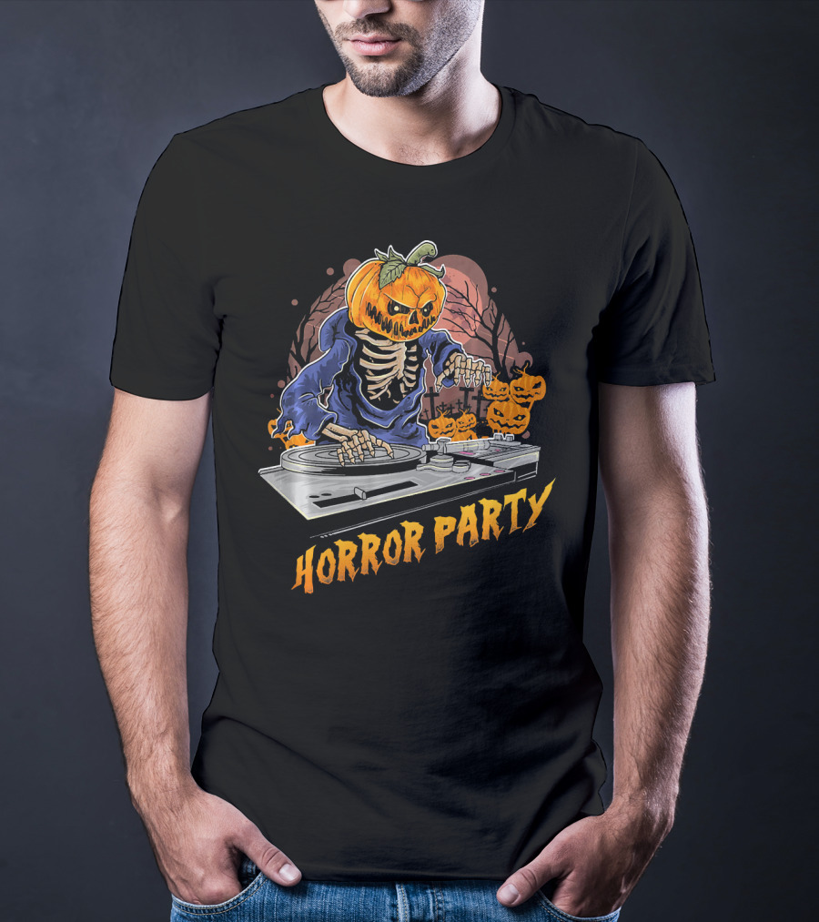 Horror Party Skeleton Pumpkin Head DJ Turntable Halloween Vibes T-Shirt