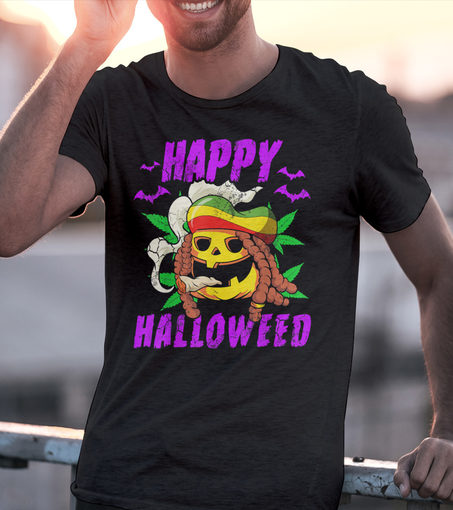 Happy Halloweed Rasta Pumpkin Smoking Weed With Bats And Jamaican Colors T-Shirt