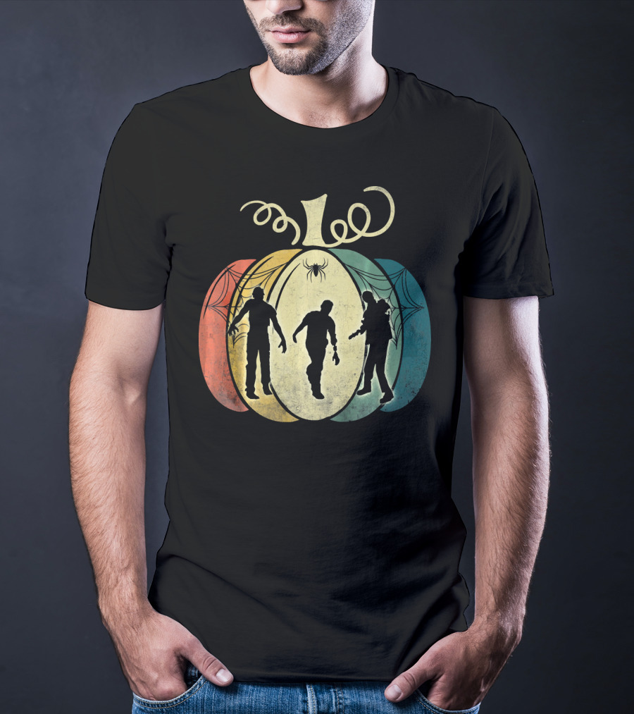 Pumpkin With Zombie Silhouettes And Spider Webs T-Shirt