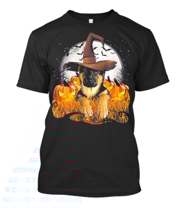 German Shepherd Witch Hat Pumpkins Halloween Moon Bats T-Shirt