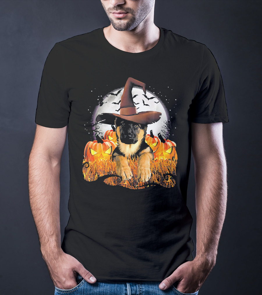 German Shepherd Witch Hat Pumpkins Halloween Moon Bats T-Shirt