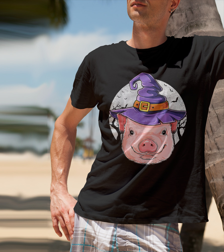 Pig Wearing Purple Witch Hat With Spooky Full Moon And Bats T-Shirt
