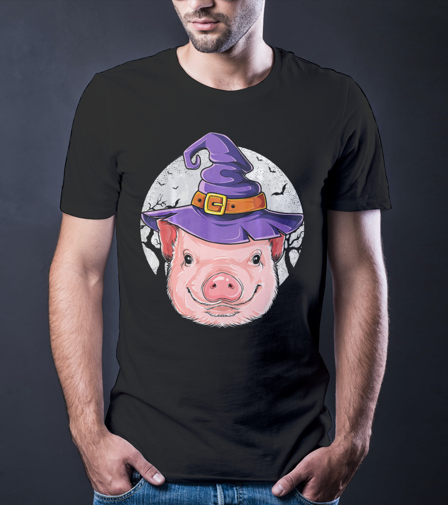 Pig Wearing Purple Witch Hat With Spooky Full Moon And Bats T-Shirt