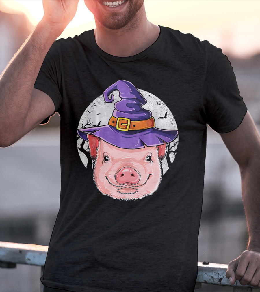 Pig Wearing Purple Witch Hat With Spooky Full Moon And Bats T-Shirt