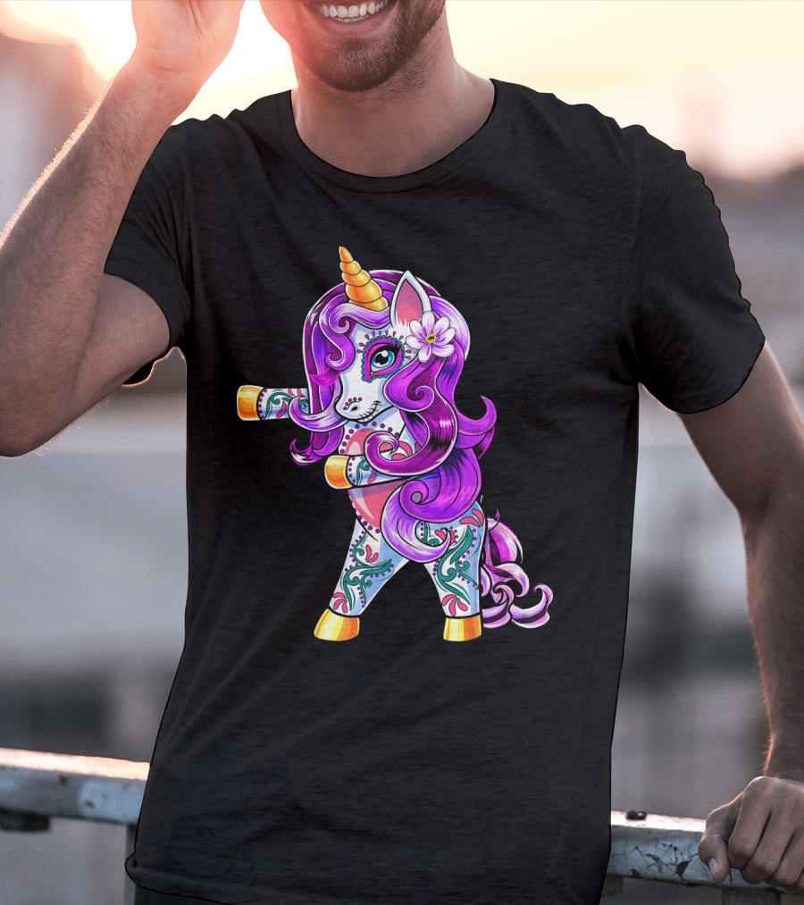 Flossing Unicorn Day Of The Dead Sugar Skull Dance T-Shirt